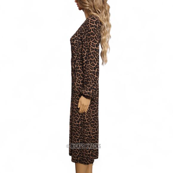 H&M Leopard Print Wrap Midi Dress Long Sleeve Textured Brown & Black Size 0 - Picture 4 of 9